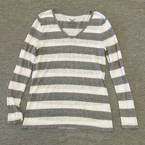 Women’s Grey and White Striped Long Sleeve Shirt